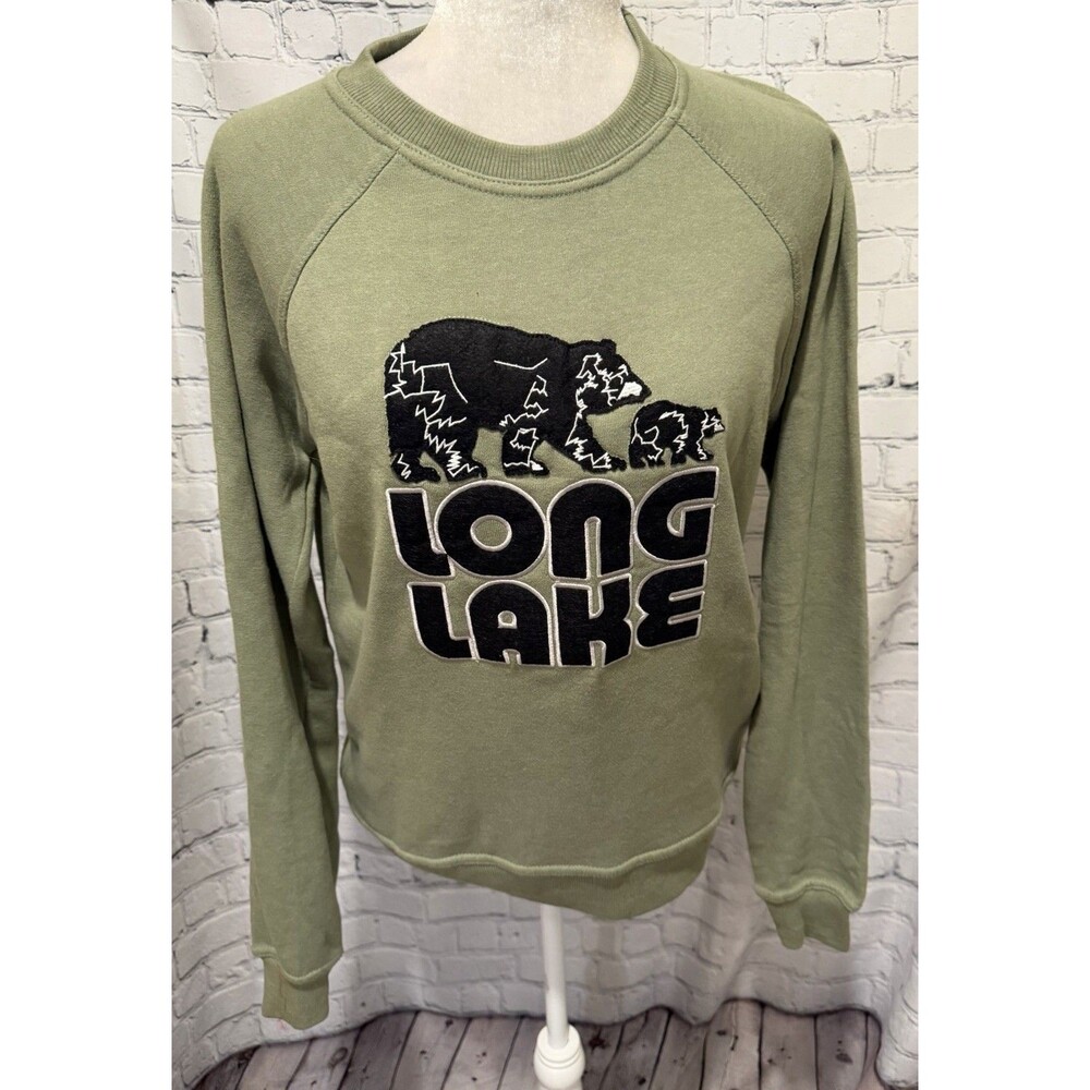 Valani Long Lake Graphic Sweatshirt Retro Green Crew Neck Fleece Pullover Small